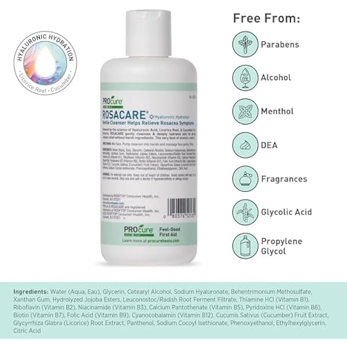 PROcure ROSACARE GENTLE FACE CLEANSER, 8 OZ, HYDRATING CLEANSER WITH HYALURONIC ACID & NIACINAMIDE, FACE WASH FOR SENSITIVE SKIN, RELIEVES ROSACEA SYMPTOMS LIKE REDNESS, FLAKINESS & DRYNESS - Image 4